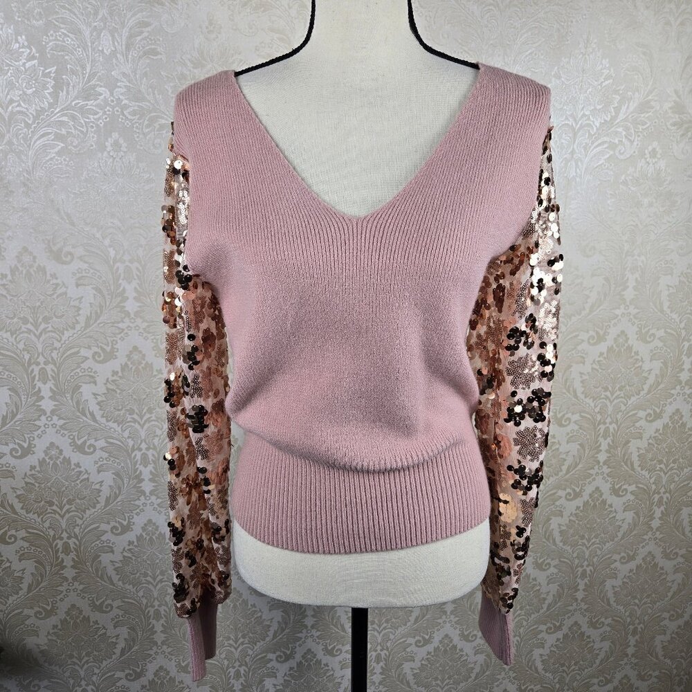 Fate Size Small Light Pink Vneck Sweater Rose Gold Sequin Statement Sleeves